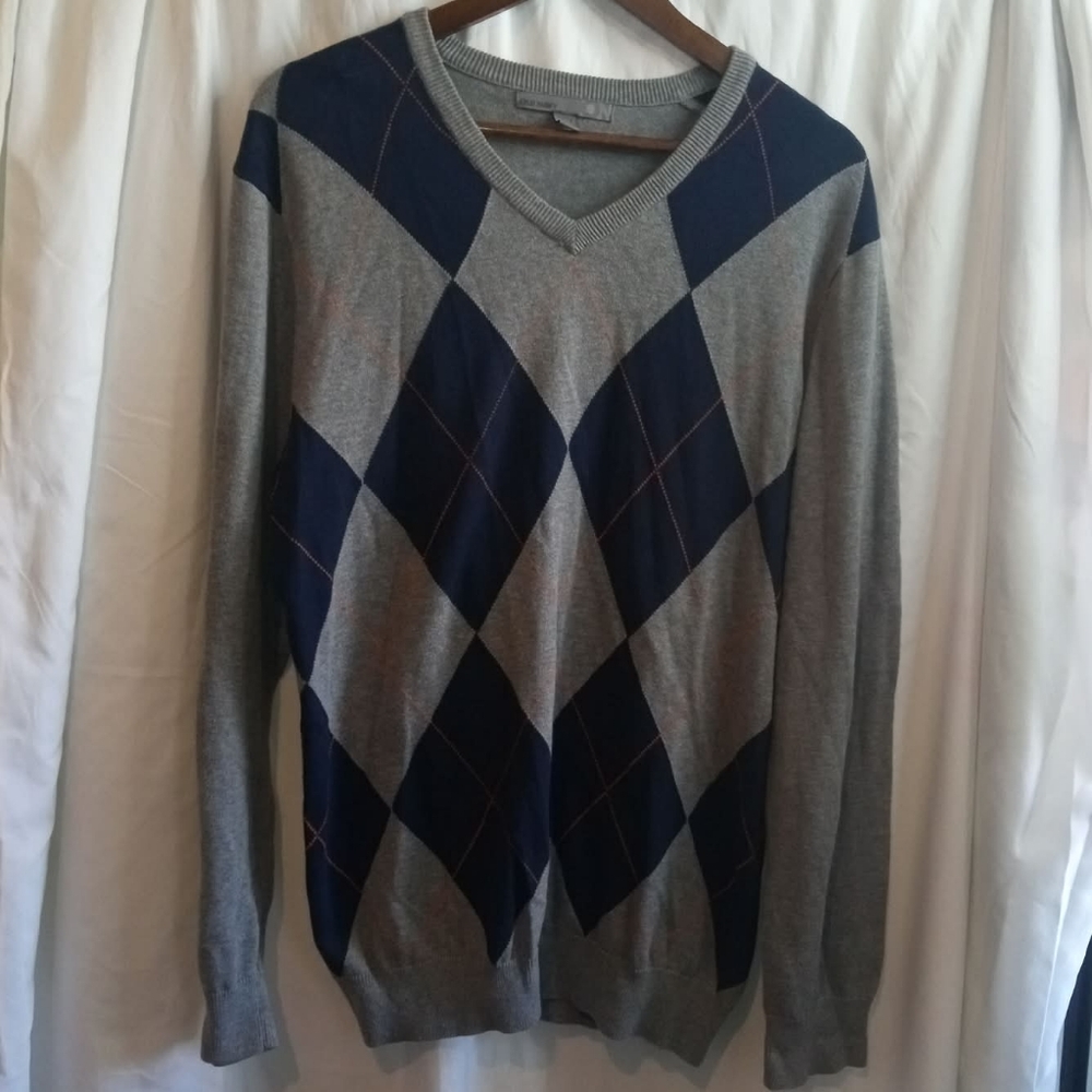 Old Navy Large Gray Navy Argyle V-Neck Sweater 100% Cotton Office Professor Brit